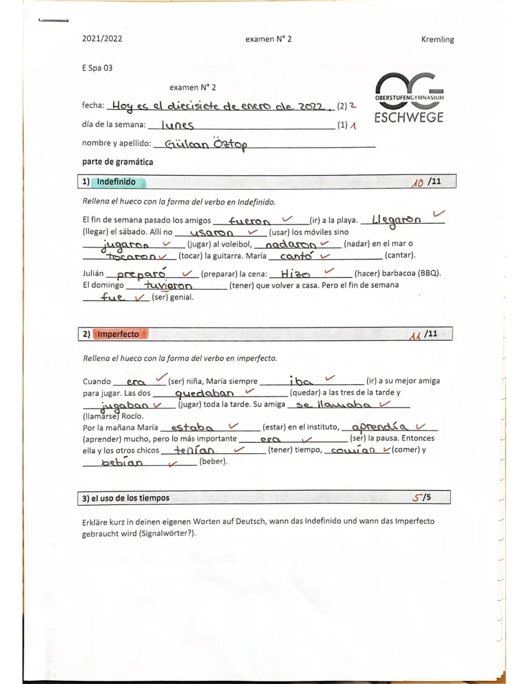 Spanisch Klausur (Indefinido, Imperfecto…)
