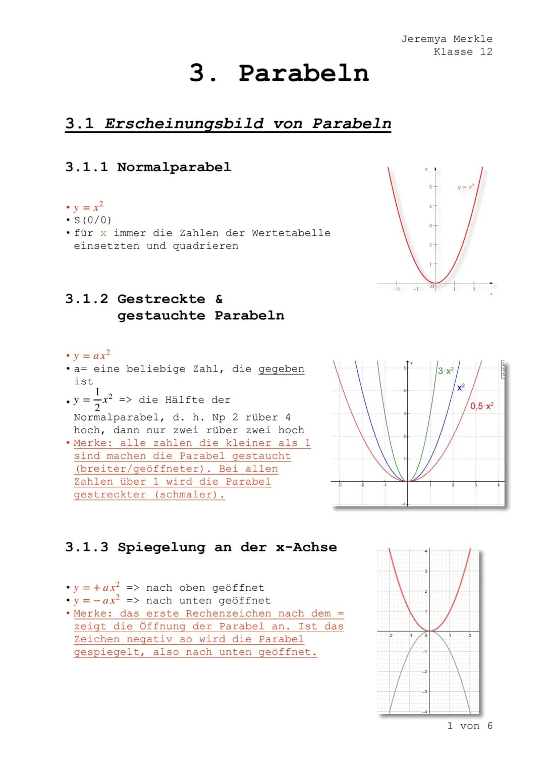 3. Parabeln
3.1 Erscheinungsbild von Parabeln
3.1.1 Normalparabel
•y=x²
• S (0/0)
für x immer die Zahlen der Wertetabelle
einsetzten und qua