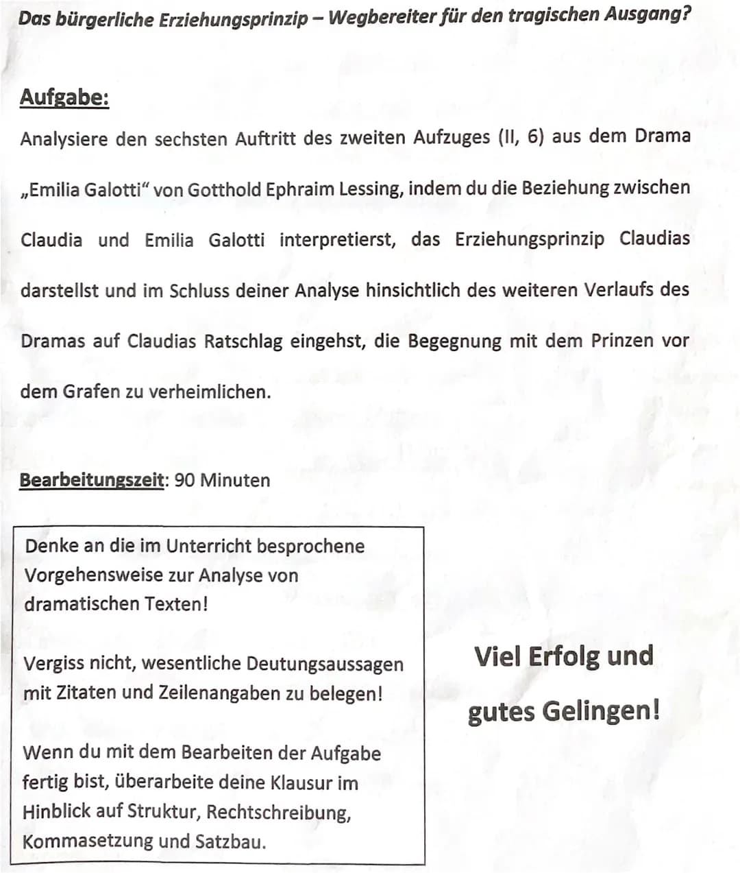 Das bürgerliche Erziehungsprinzip - Wegbereiter für den tragischen Ausgang?
Aufgabe:
Analysiere den sechsten Auftritt des zweiten Aufzuges (