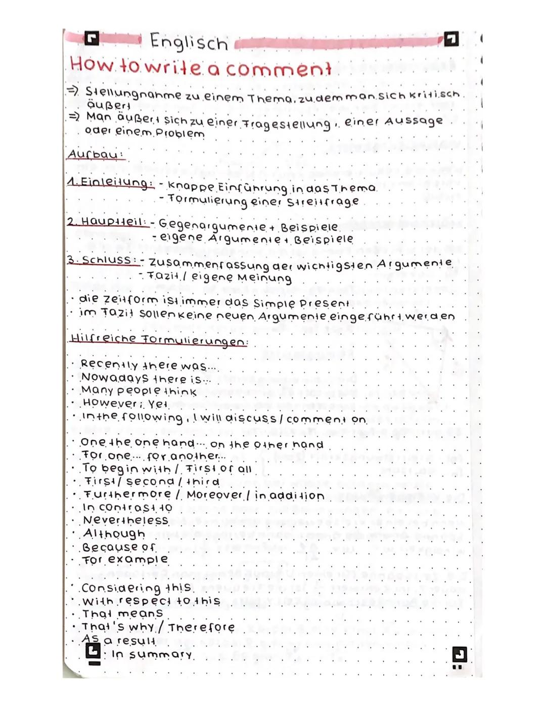Englisch

How to write a comment

$
\Rightarrow$ Stellungnahme zu einem Thema, zu dem man sich kritisch.
äußert
$
\Rightarrow$ Man äußert si