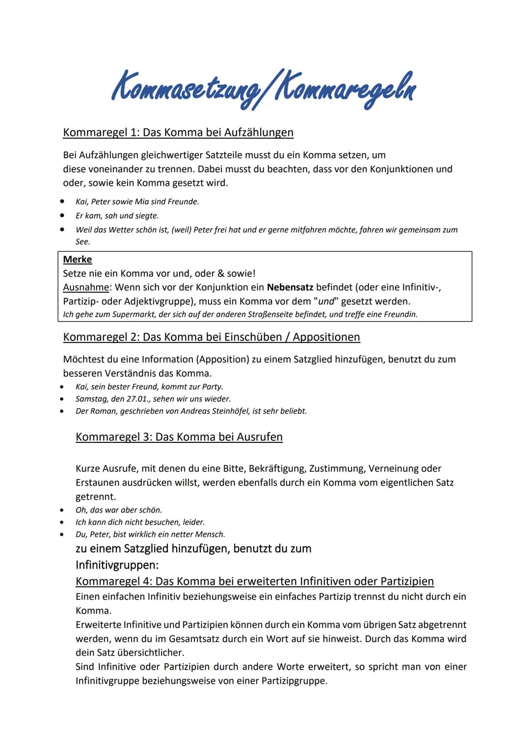 Kommaregel 1: Das Komma bei Aufzählungen
Bei Aufzählungen gleichwertiger Satzteile musst du ein Komma setzen, um
diese voneinander zu trenne