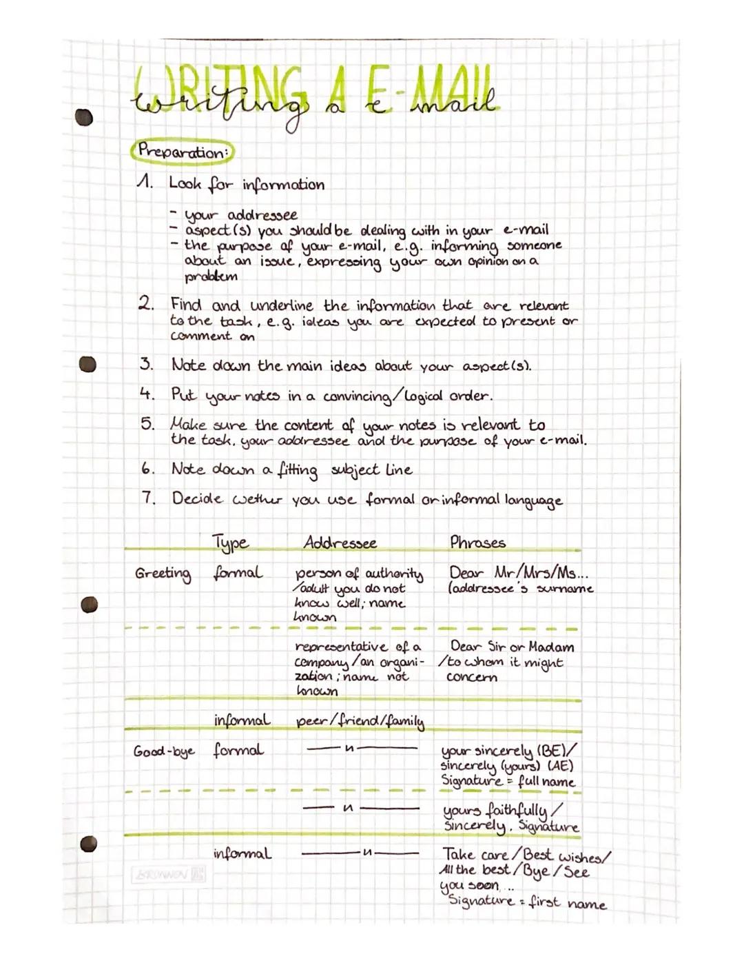 # Writing a e-mail

Preparation:
1. Look for information

- your addressee
- aspect (s) you should be dealing with in your e-mail
- the purp