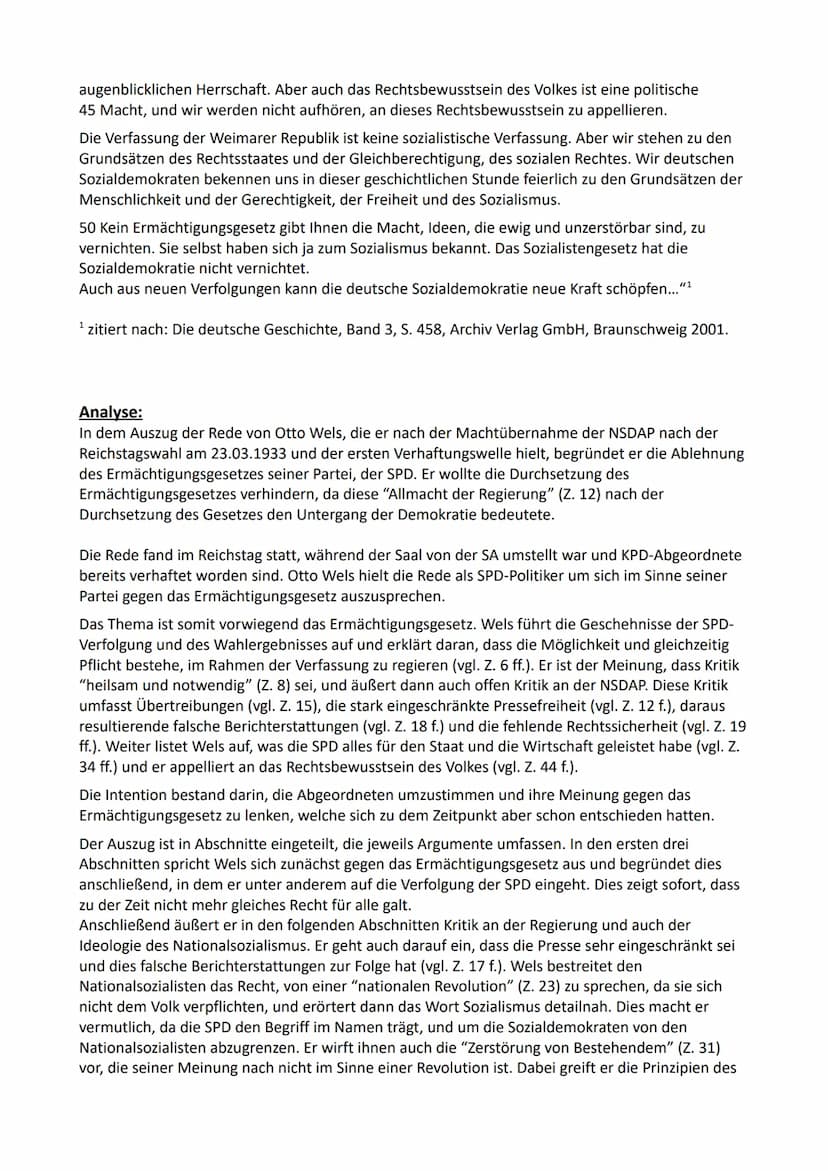 Auszug aus der Rede des SPD-Abgeordneten Otto Wels, der die Ablehnung des Gesetzes
begründet hatte. Wels sprach, während die SA den Saal ums