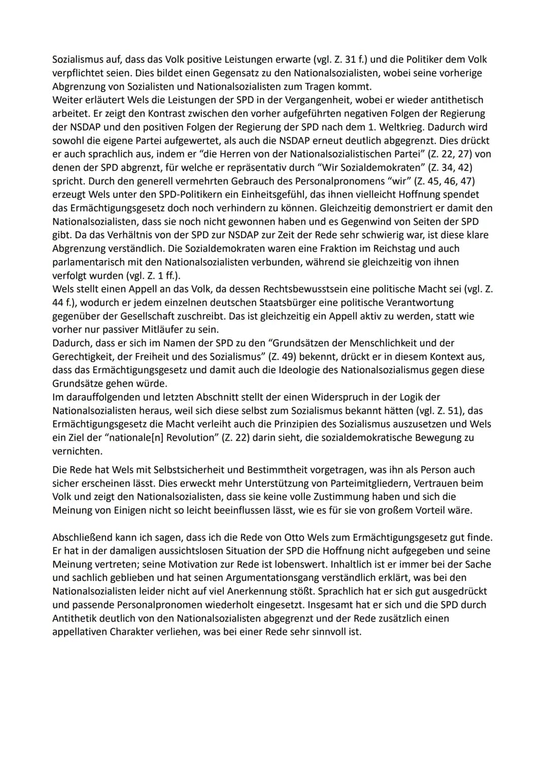 Auszug aus der Rede des SPD-Abgeordneten Otto Wels, der die Ablehnung des Gesetzes
begründet hatte. Wels sprach, während die SA den Saal ums