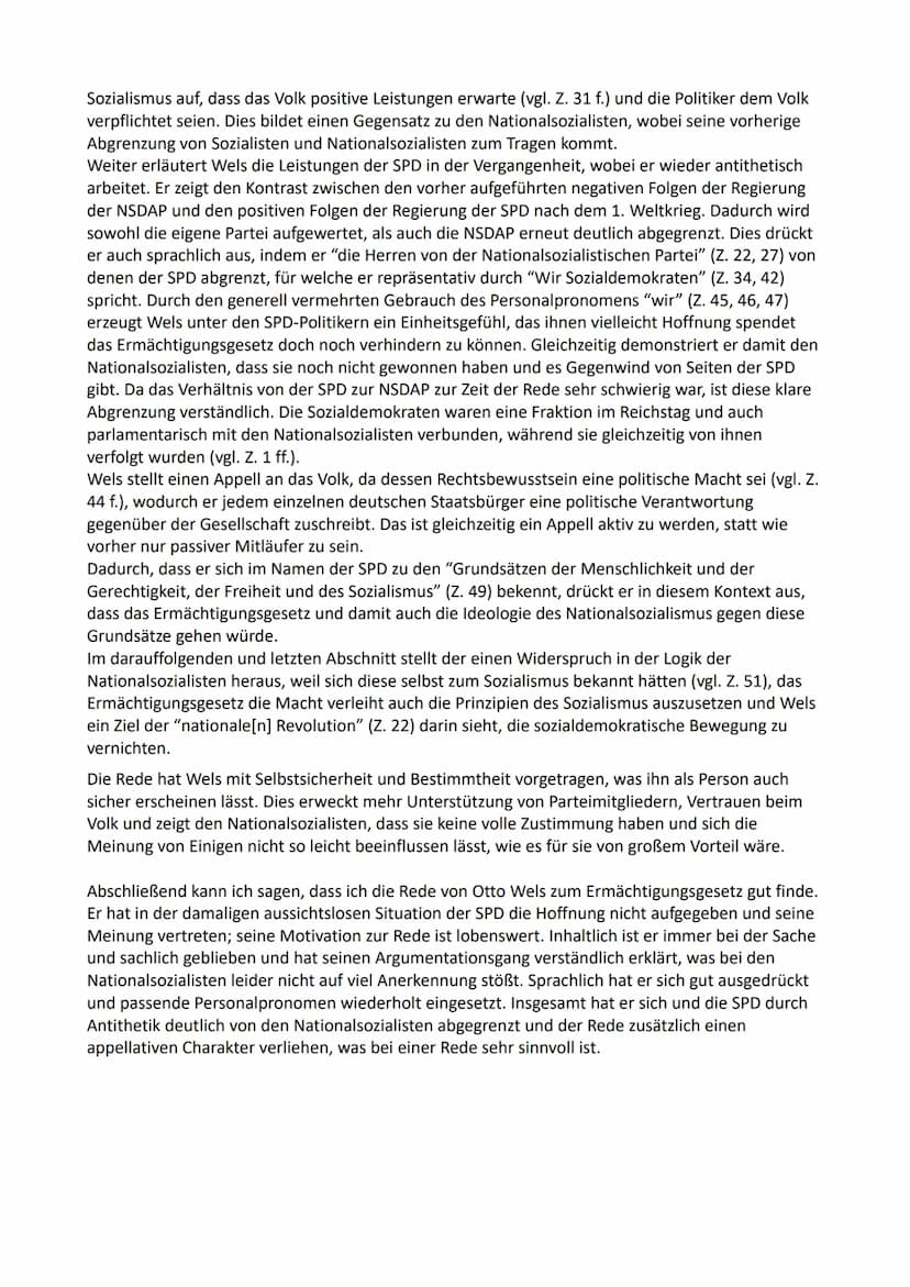 Auszug aus der Rede des SPD-Abgeordneten Otto Wels, der die Ablehnung des Gesetzes
begründet hatte. Wels sprach, während die SA den Saal ums