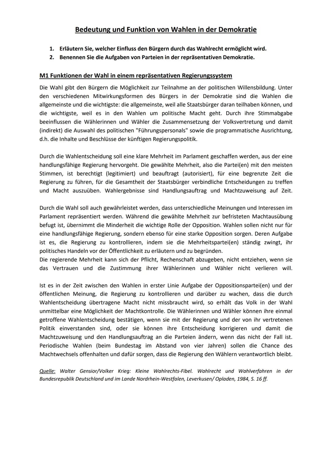 Bedeutung und Funktion von Wahlen in der Demokratie
1. Erläutern Sie, welcher Einfluss den Bürgern durch das Wahlrecht ermöglicht wird.
2. B