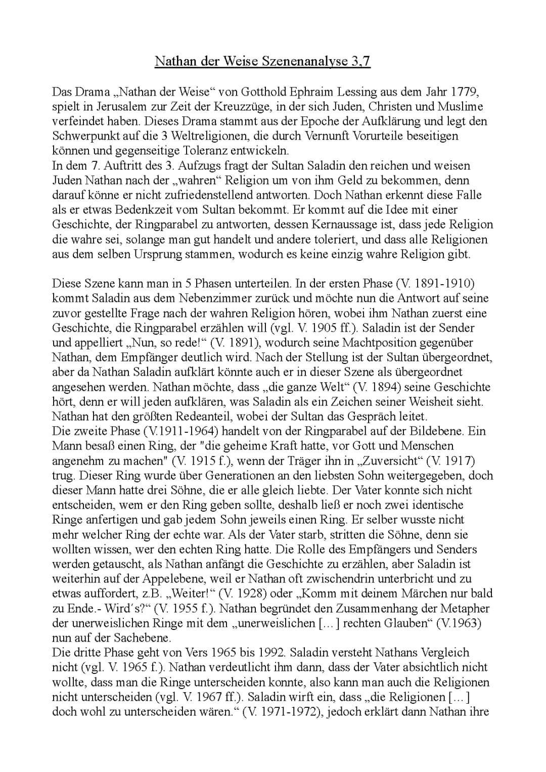 Ringparabel Nathan der Weise Zusammenfassung und Interpretation - Szene 3.7