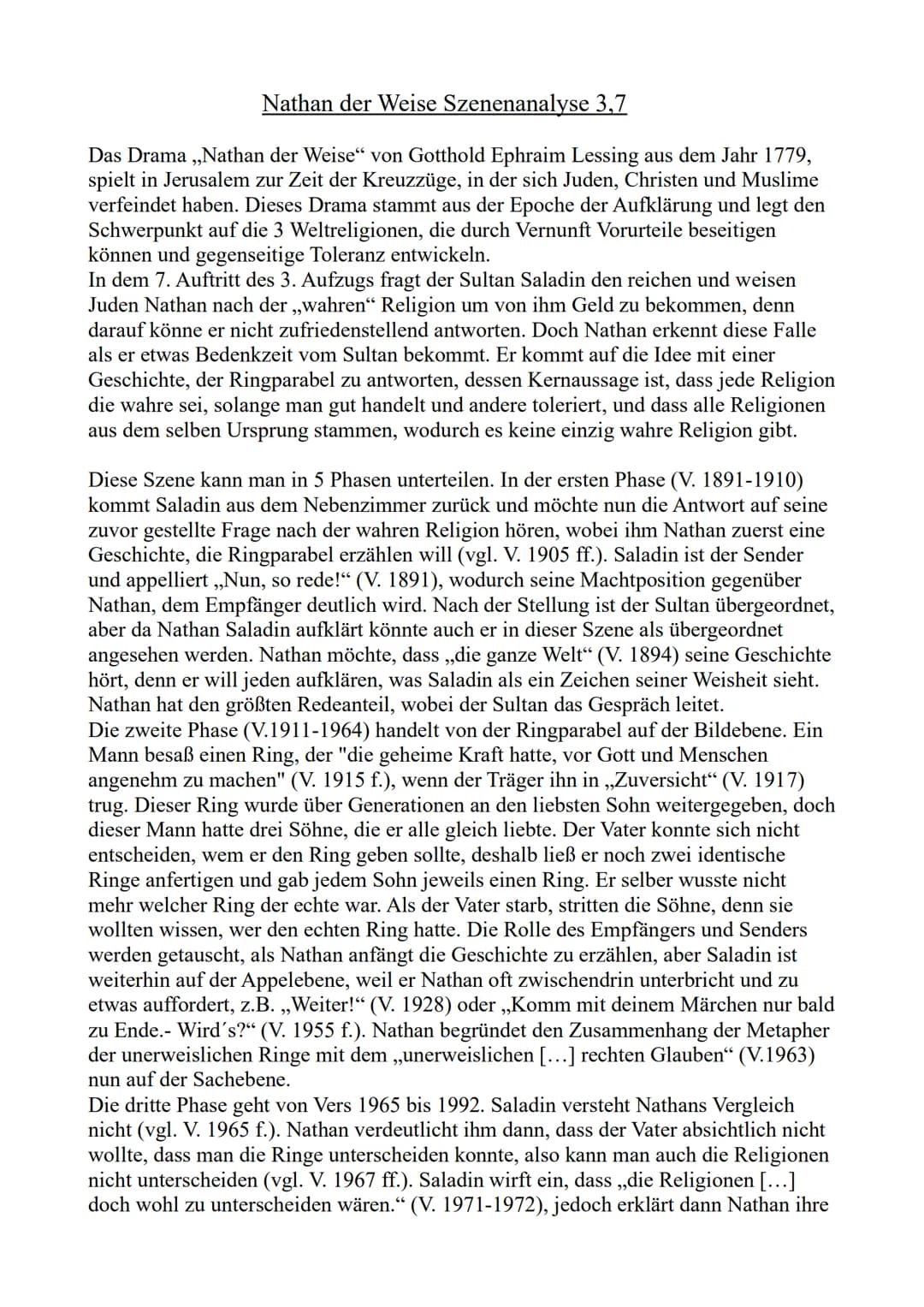 Nathan der Weise Szenenanalyse 3,7
Das Drama ,,Nathan der Weise" von Gotthold Ephraim Lessing aus dem Jahr 1779,
spielt in Jerusalem zur Zei