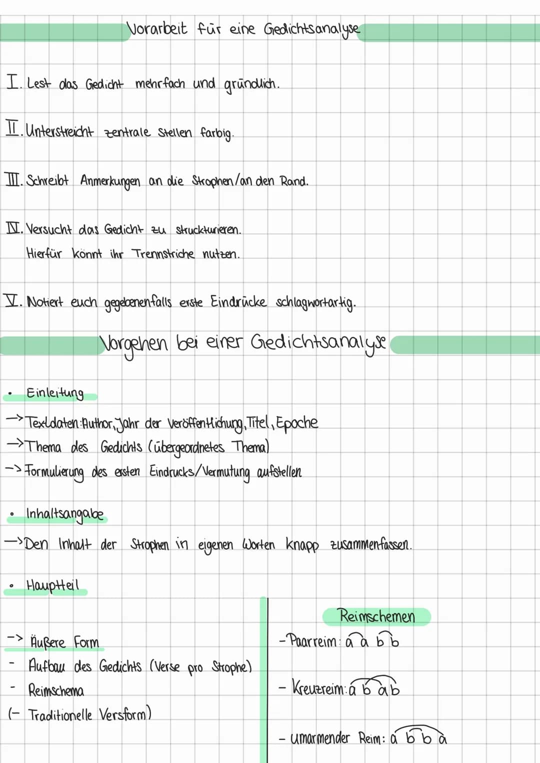 I. Lest das Gedicht mehrfach und gründlich.
II. Unterstreicht zentrale Stellen farbig.
Vorarbeit für eine Gedichtsanalyse
III. Schreibt Anme