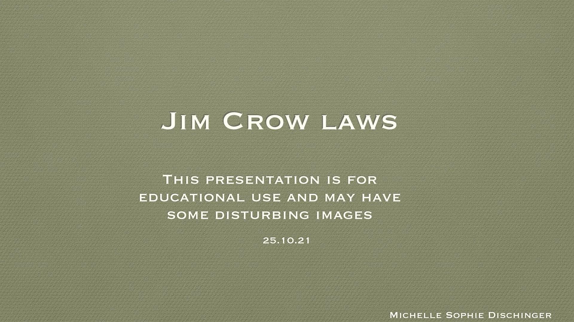 JIM CROW LAWS
THIS PRESENTATION IS FOR
EDUCATIONAL USE AND MAY HAVE
SOME DISTURBING IMAGES
25.10.21
MICHELLE SOPHIE DISCHINGER ●
●
●
●
●
●
●