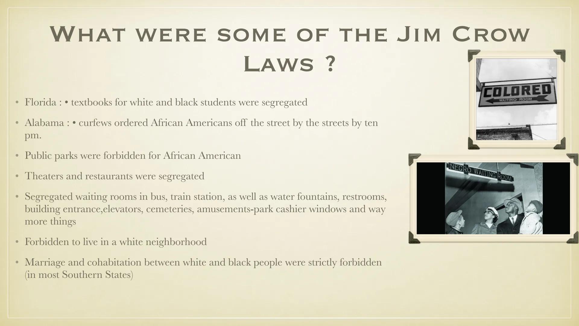 JIM CROW LAWS
THIS PRESENTATION IS FOR
EDUCATIONAL USE AND MAY HAVE
SOME DISTURBING IMAGES
25.10.21
MICHELLE SOPHIE DISCHINGER ●
●
●
●
●
●
●