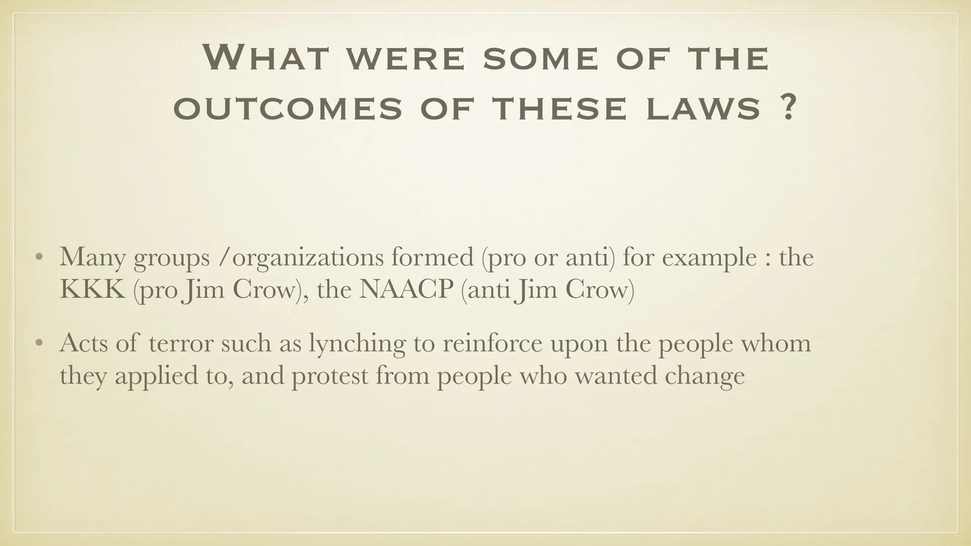 JIM CROW LAWS
THIS PRESENTATION IS FOR
EDUCATIONAL USE AND MAY HAVE
SOME DISTURBING IMAGES
25.10.21
MICHELLE SOPHIE DISCHINGER ●
●
●
●
●
●
●