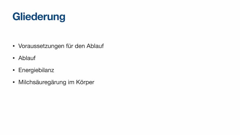 Milchsäuregärung Gliederung
●
●
●
Voraussetzungen für den Ablauf
Ablauf
Energiebilanz
Milchsäuregärung im Körper Vorraussetzungen für den Ab