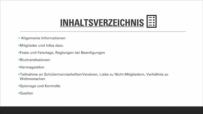 Wer sind die Zeugen Jehovas? ■
Allgemeine Informationen
-Mitglieder und Infos dazu
INHALTSVERZEICHNIS
▪Feste und Feiertage, Reglungen bei Be