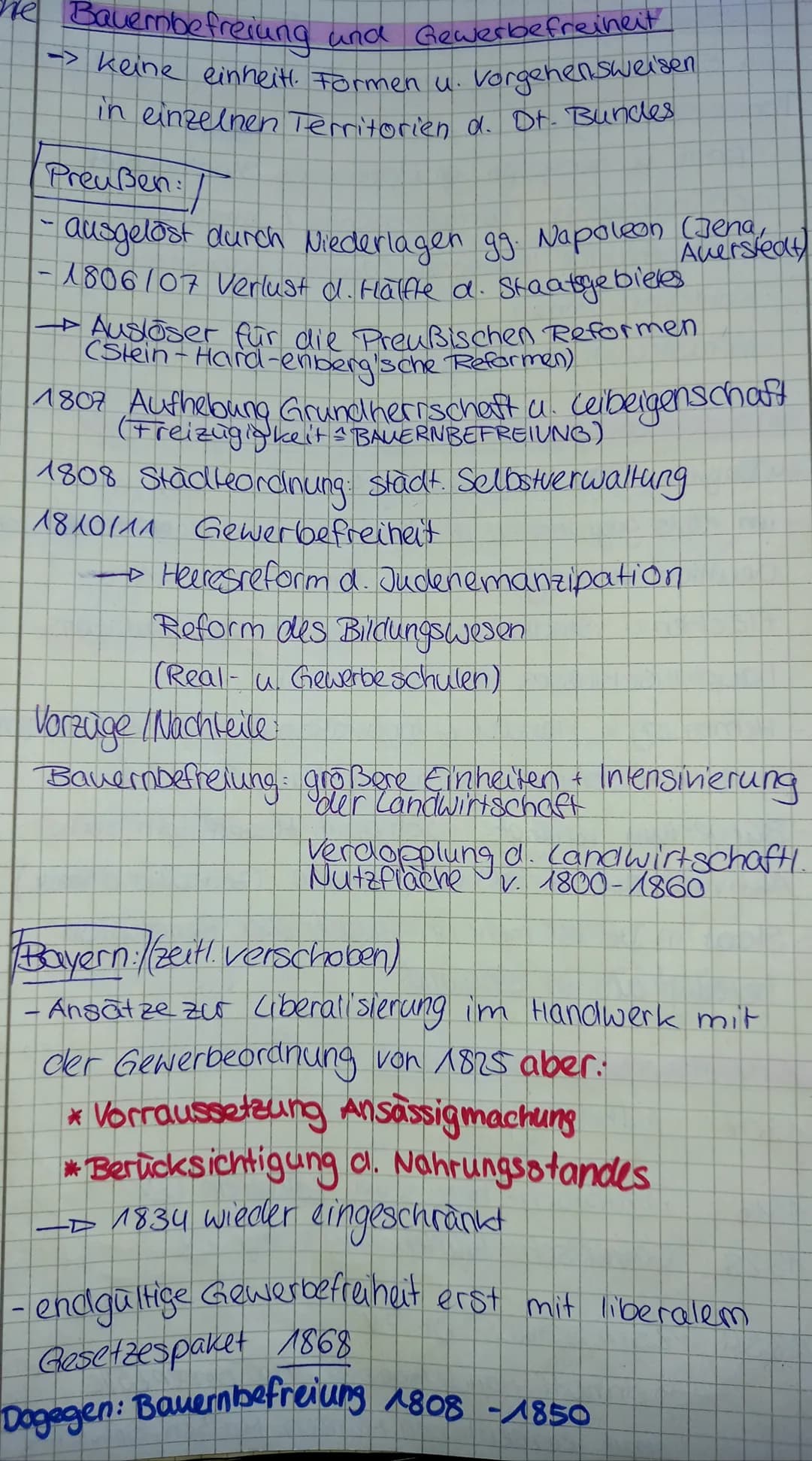 Bauernbefreiung und Gewerbefreiheit
- keine einheit. Formen u. Vorgehensweisen
in einzelnen Territorien d. Dr. Bundes
Preußen:
ausgelöst dur