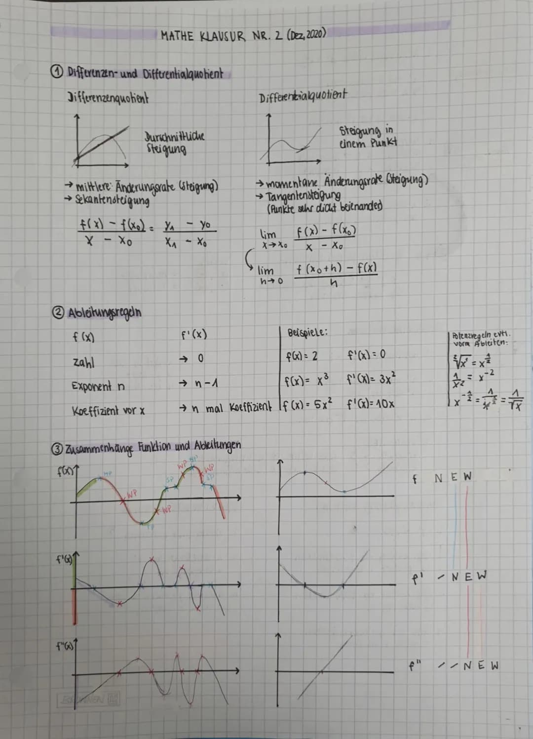 Differenzen- und Differentialquotient
Differenzenquotient
→ mittlere Anderungsrate (steigung)
→ Sekantensteigung
MATHE KLAUSUR NR. 2 (Dez, 2