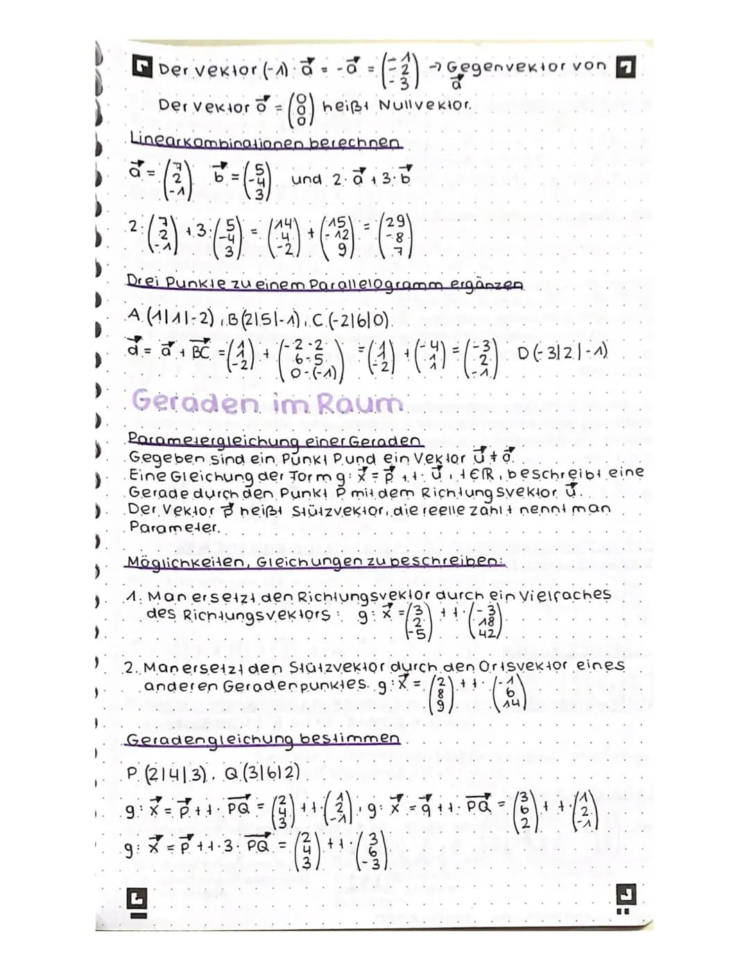 Punktprobe durchführen
A (41512) Gerade g = (+4)-(1)
1+ 3+ = 4
-77 +=1 (^in zweite und dritte zeile einsetzen)
1+ 14 = 5 wahre Aussage
0₁ +1