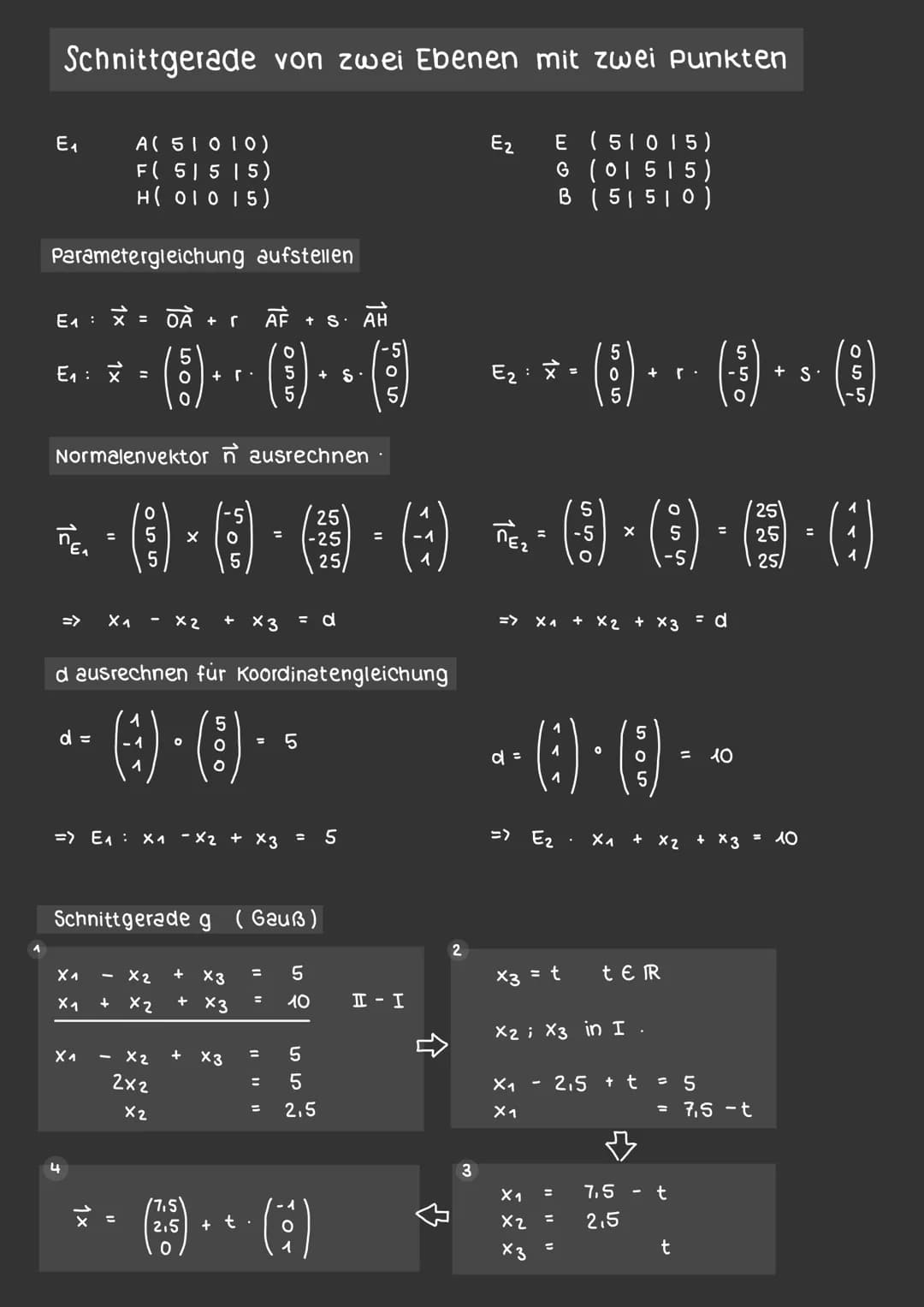 Gegeben sind 2 Ebenen
E₁ : X₁
+ 2x3
E₂:
6x1
X3
1
2.
21
- X2
+ X2
6
X ₁
6x₁
X ₁
Gauß- verfahren um x₁, x₂, x3 bestimmen zu können
= t
X1
X₁
X