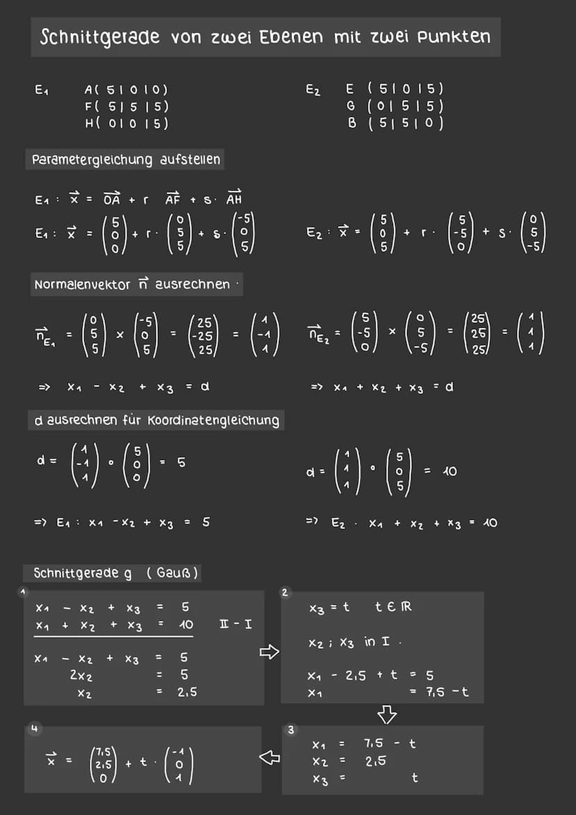 Gegeben sind 2 Ebenen
E₁ : X₁
+ 2x3
E₂:
6x1
X3
1
2.
21
- X2
+ X2
6
X ₁
6x₁
X ₁
Gauß- verfahren um x₁, x₂, x3 bestimmen zu können
= t
X1
X₁
X