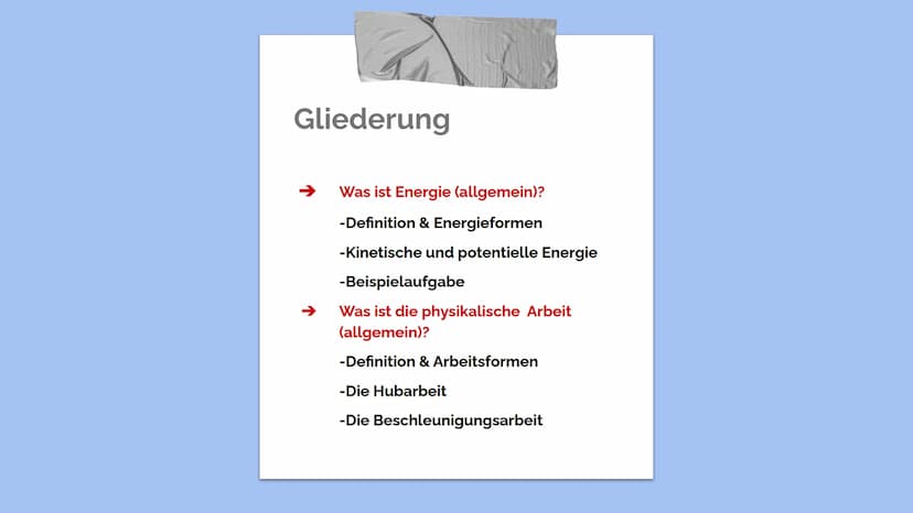 Physik- Gliederung
Was ist Energie (allgemein)?
-Definition & Energieformen
-Kinetische und potentielle Energie
-Beispielaufgabe
Was ist die