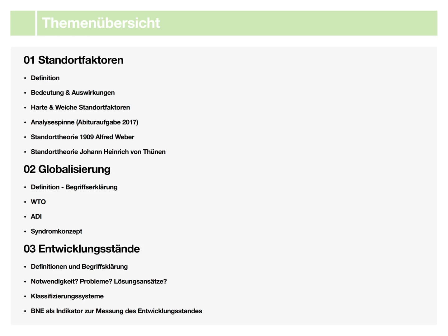 Geographie J2.1
Wirtschaft
-klausurzusammenfassung-
33
XX Themenübersicht
01 Standortfaktoren
• Definition
• Bedeutung & Auswirkungen
• Hart