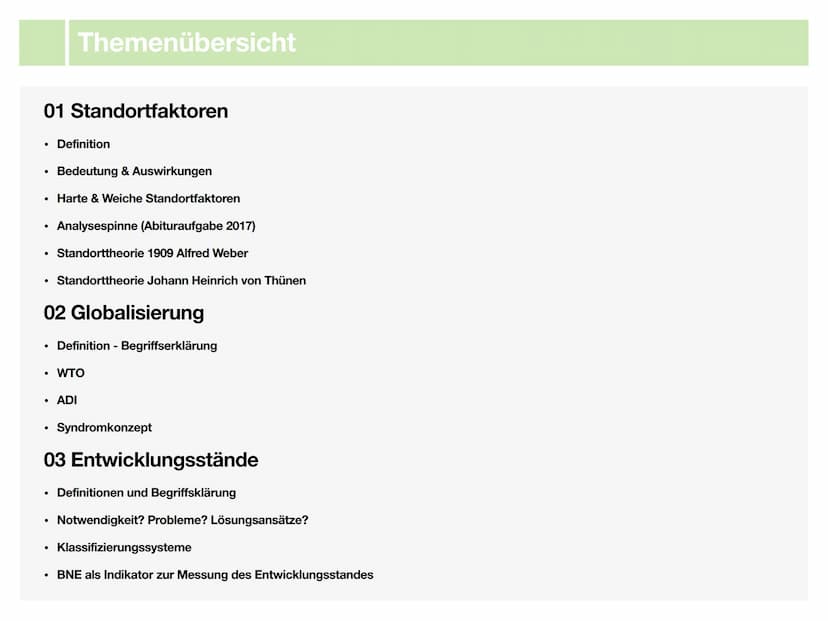 Geographie J2.1
Wirtschaft
-klausurzusammenfassung-
33
XX Themenübersicht
01 Standortfaktoren
• Definition
• Bedeutung & Auswirkungen
• Hart