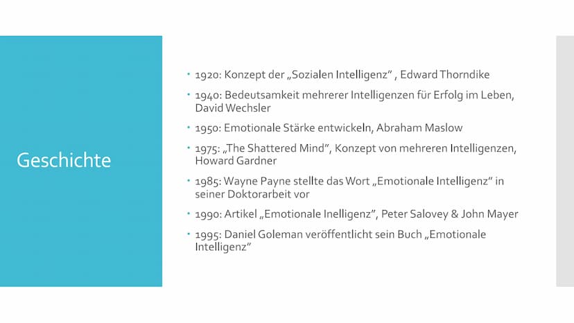 Emotionale Intelligenz
Was nützt ein hoher IQ, wenn man ein emotionaler Trottel ist? 1.
2.
Emotionen
Geschichte der emotionalen Intelligenz
