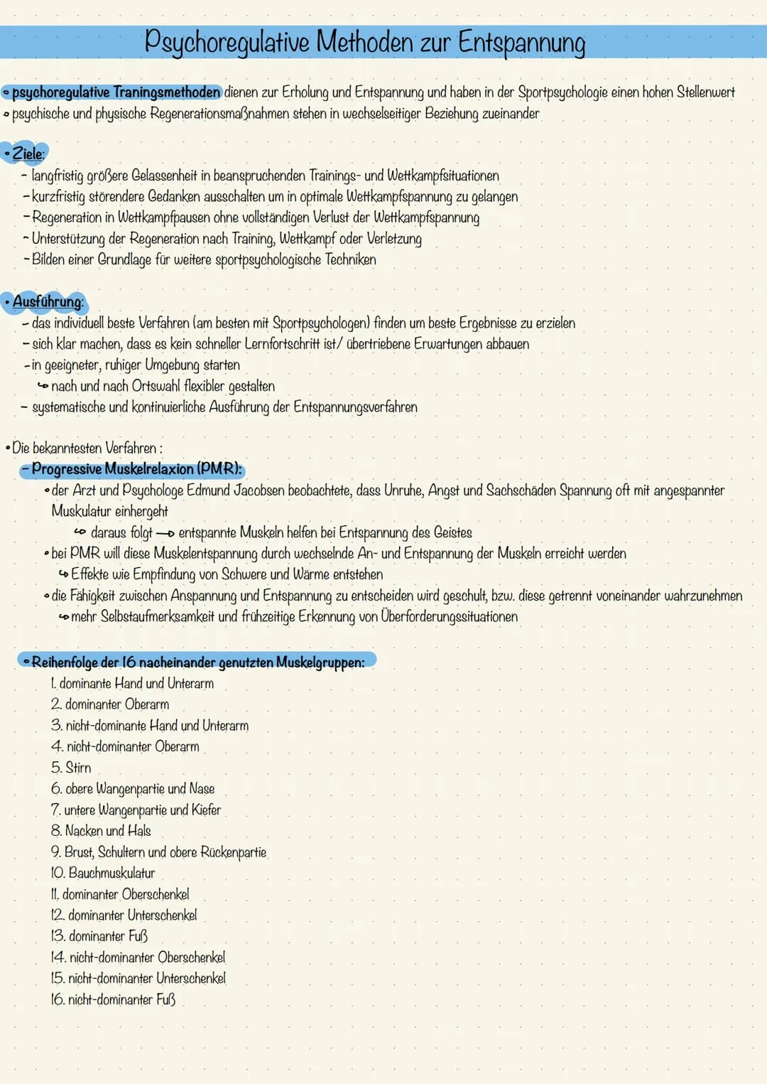 Psychoregulative Methoden zur Entspannung
• psychoregulative Traningsmethoden dienen zur Erholung und Entspannung und haben in der Sportpsyc