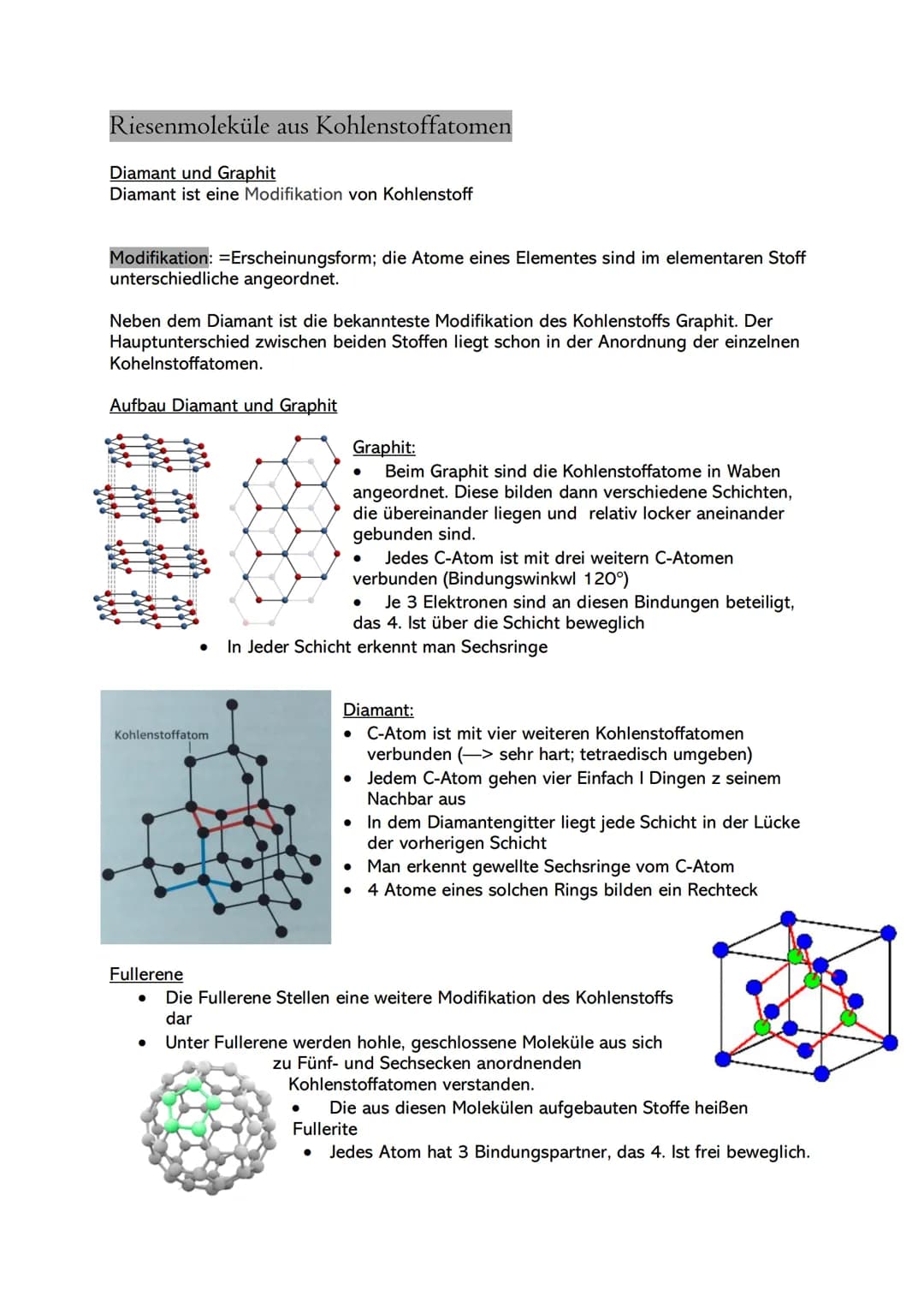 Riesenmoleküle aus Kohlenstoffatomen
Diamant und Graphit
Diamant ist eine Modifikation von Kohlenstoff
Modifikation: = Erscheinungsform; die