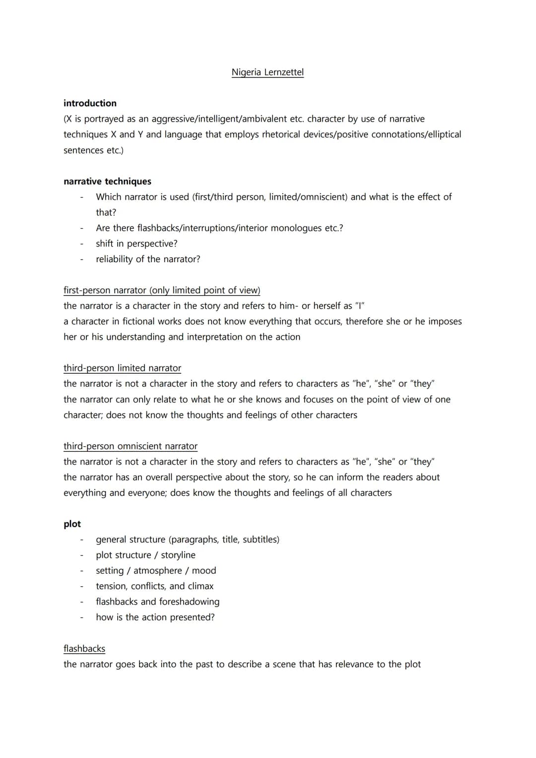 Nigeria Lernzettel
introduction
(X is portrayed as an aggressive/intelligent/ambivalent etc. character by use of narrative
techniques X and 