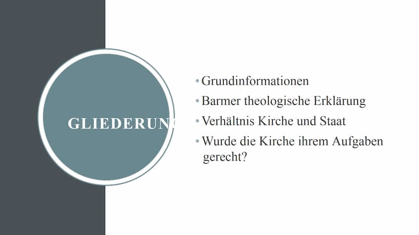 Kirche im dritten
Reich
Wurde die Kirche ihren Aufgaben gerecht? GLIEDERUN
Grundinformationen
Barmer theologische Erklärung
Verhältnis Kirch