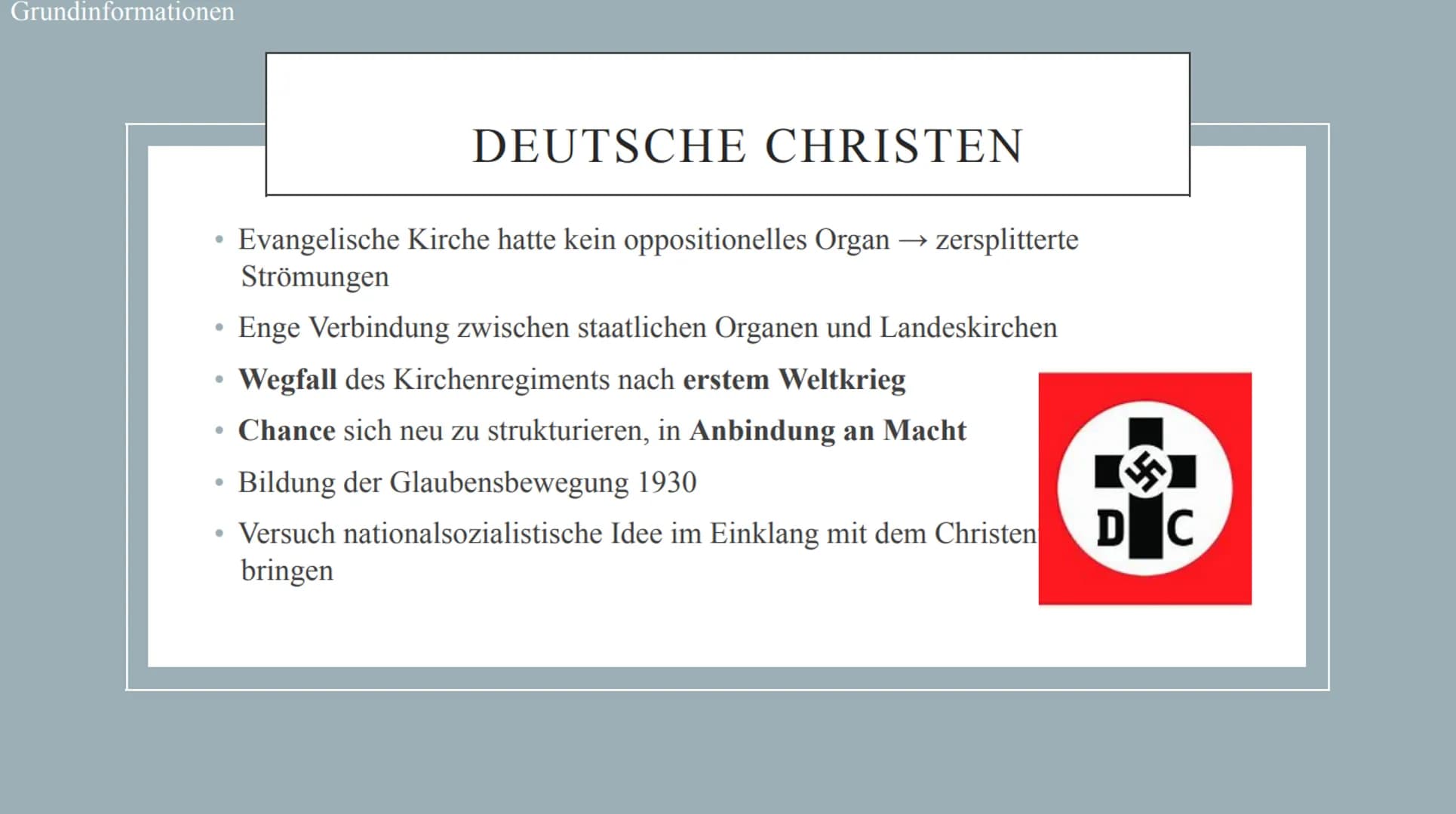Kirche im dritten
Reich
Wurde die Kirche ihren Aufgaben gerecht? GLIEDERUN
Grundinformationen
Barmer theologische Erklärung
Verhältnis Kirch