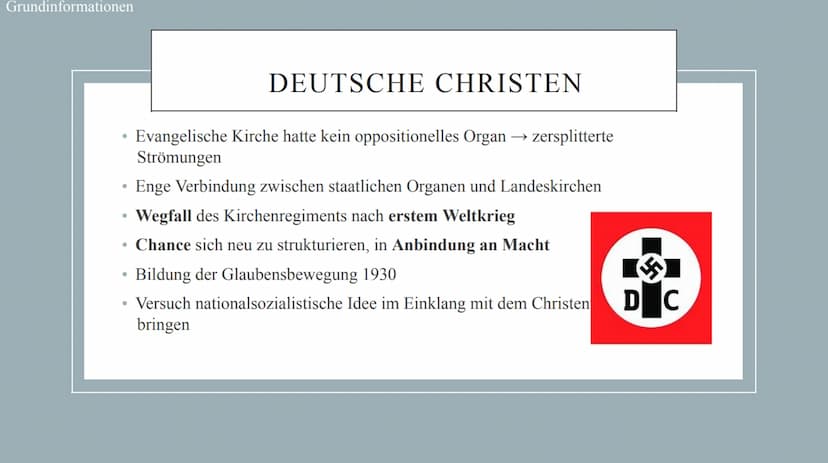 Kirche im dritten
Reich
Wurde die Kirche ihren Aufgaben gerecht? GLIEDERUN
Grundinformationen
Barmer theologische Erklärung
Verhältnis Kirch
