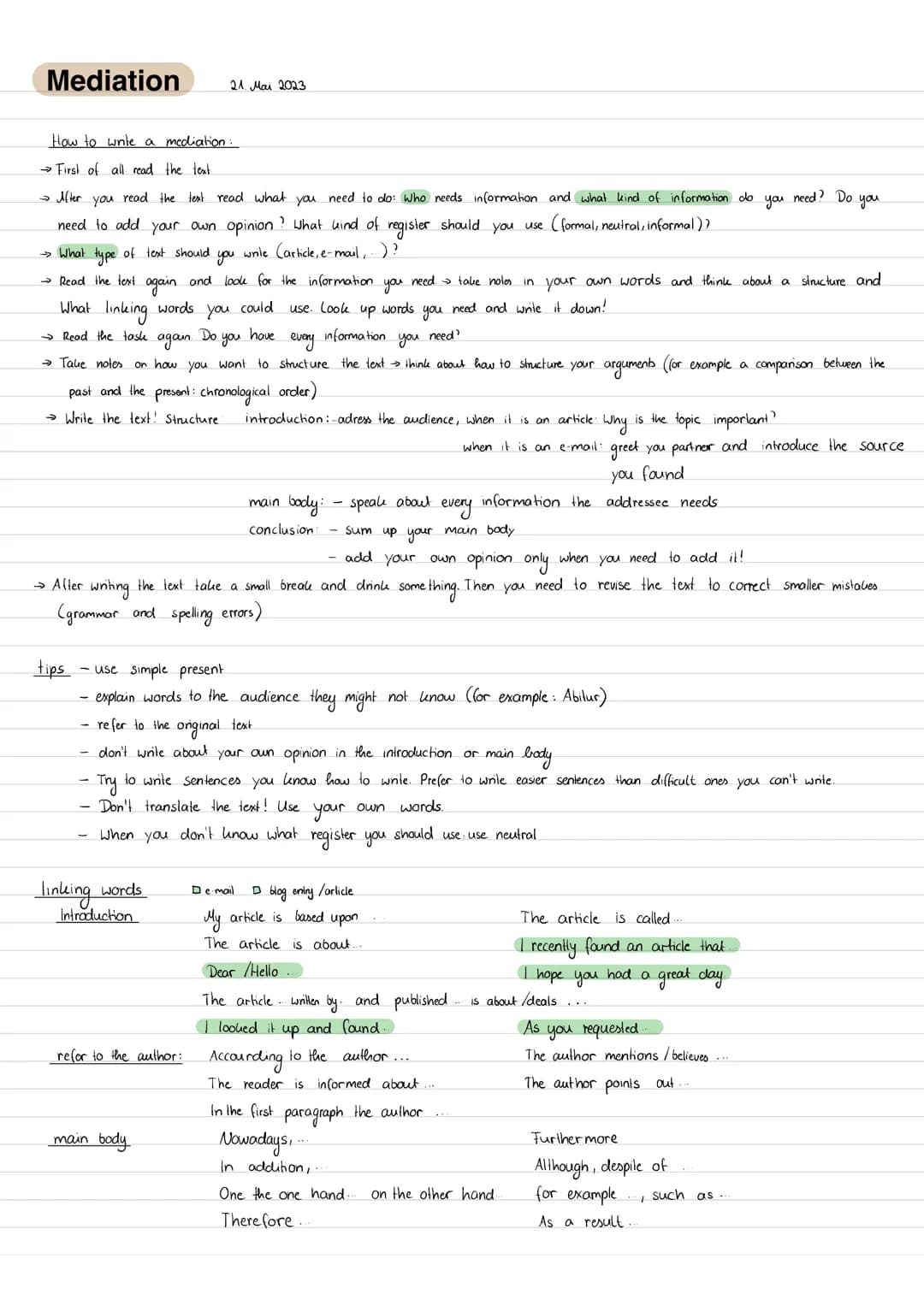 Mediation 21. Mai 2023
How to write a mediation:
→ First of all read the text
→ After you read the text read what you need to do: Who needs 