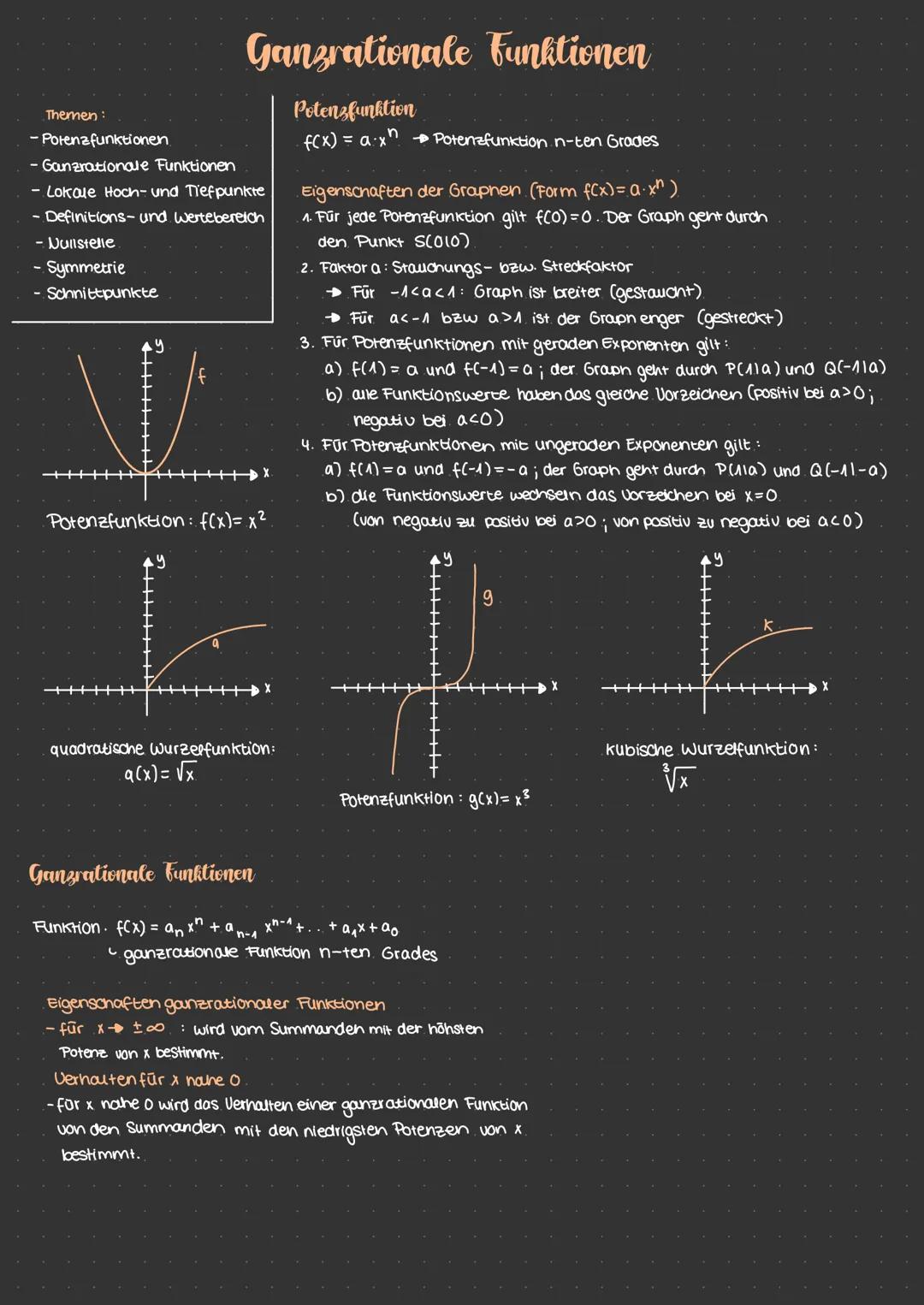 Themen:
- Potenzfunktionen.
- Ganzrationale Funktionen
- Lokale Hoch- und Tiefpunkte
- Definitions- und Wertebereich
- Nullstelle.
Symmetrie