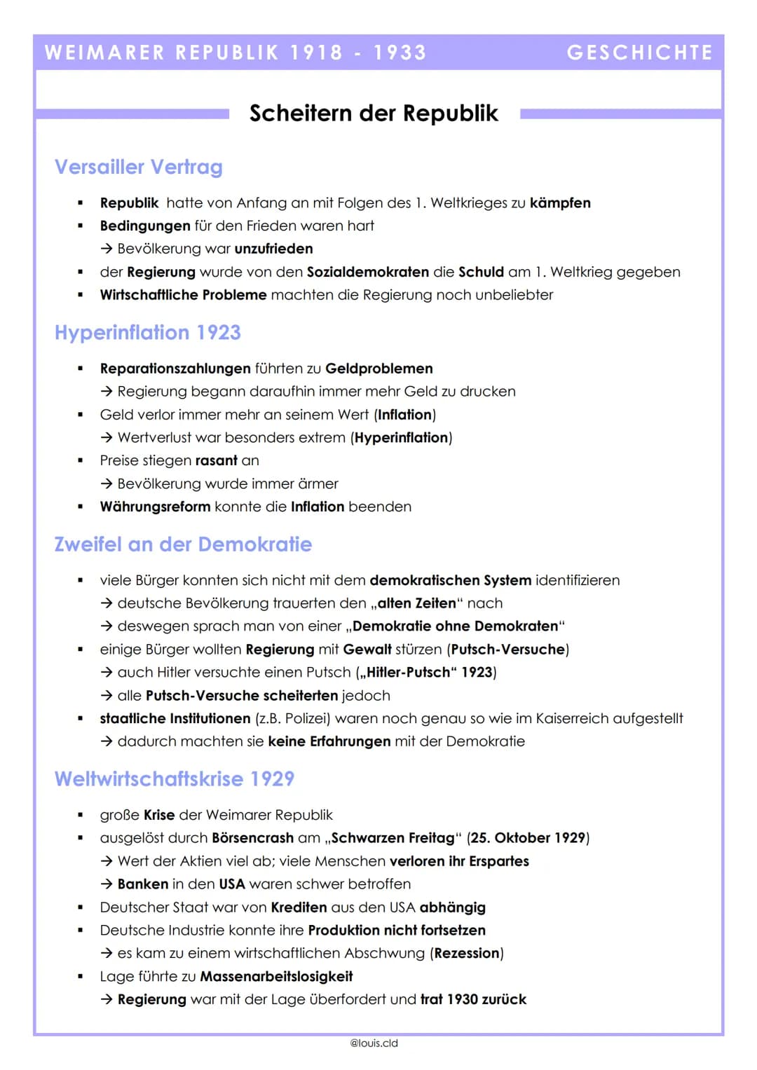 WEIMARER REPUBLIK 1918 - 1933
■
Versailler Vertrag
Republik hatte von Anfang an mit Folgen des 1. Weltkrieges zu kämpfen
Bedingungen für den