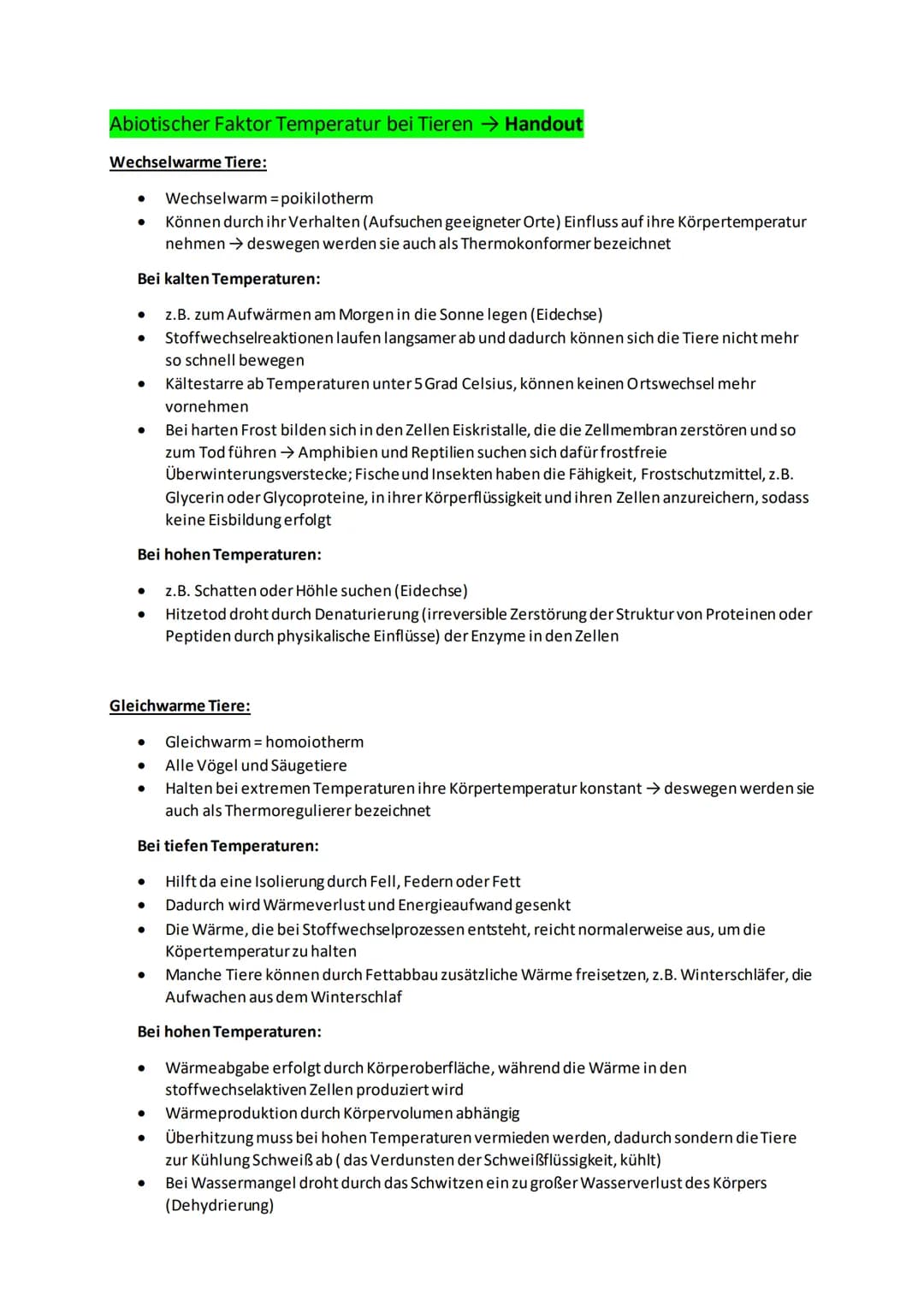 Abiotischer Faktor
Temperatur bei Tieren Abiotischer Faktor Temperatur bei Tieren → Handout
Wechselwarme Tiere:
Wechselwarm = poikilotherm
K