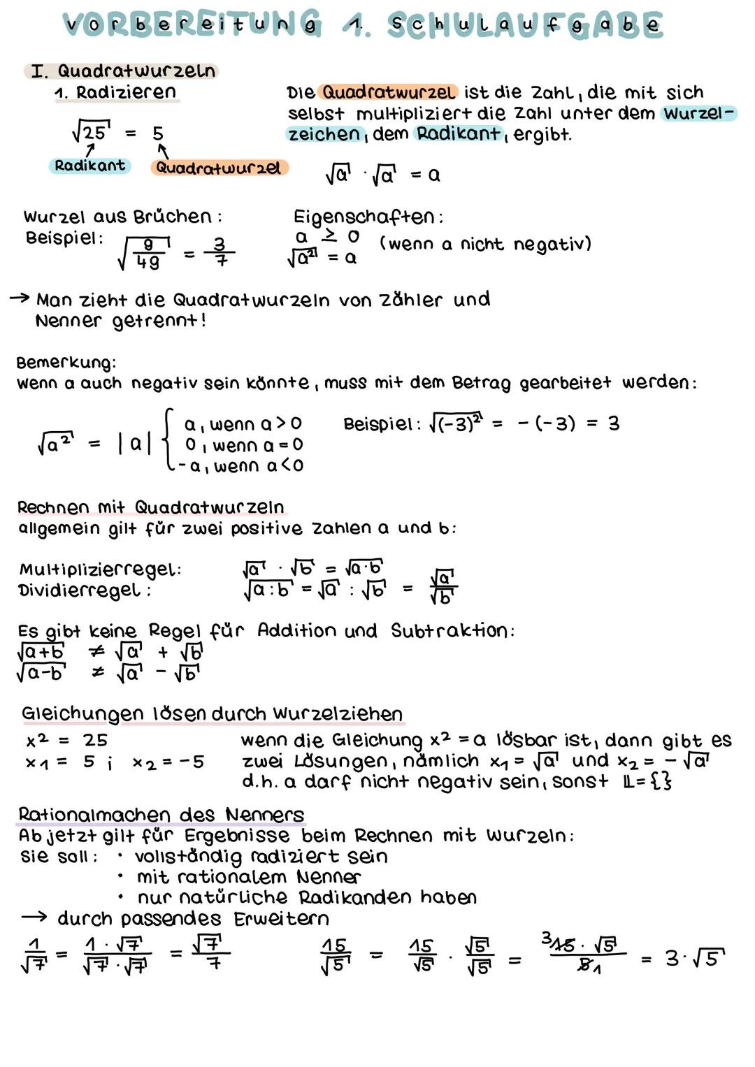 # VORBEREITUNG 1. SCHULAufgabe

I. Quadratwurzeln

1. Radizieren

$\sqrt{25}$ = 5

Radikant Quadratwurzel

Wurzel aus Brüchen:

Beispiel: $\