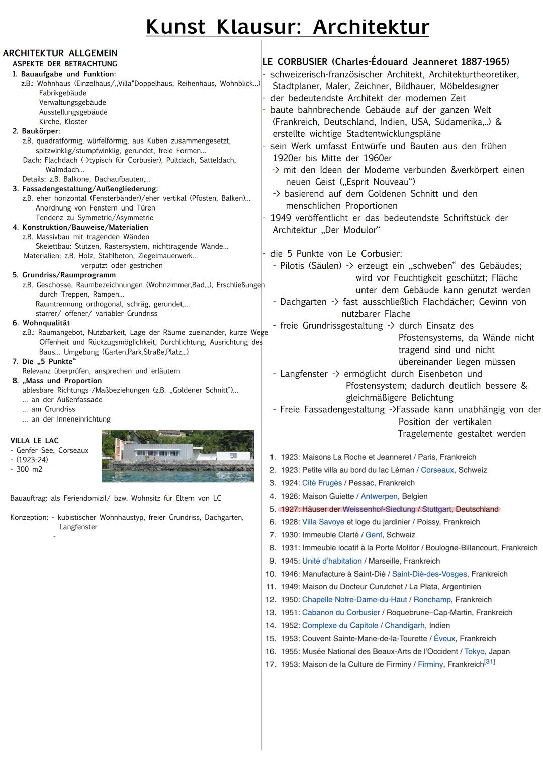 # Kunst Klausur: Architektur

ARCHITEKTUR ALLGEMEIN
ASPEKTE DER BETRACHTUNG
1. Bauaufgabe und Funktion:
z.B.: Wohnhaus (Einzelhaus/Villa Dop