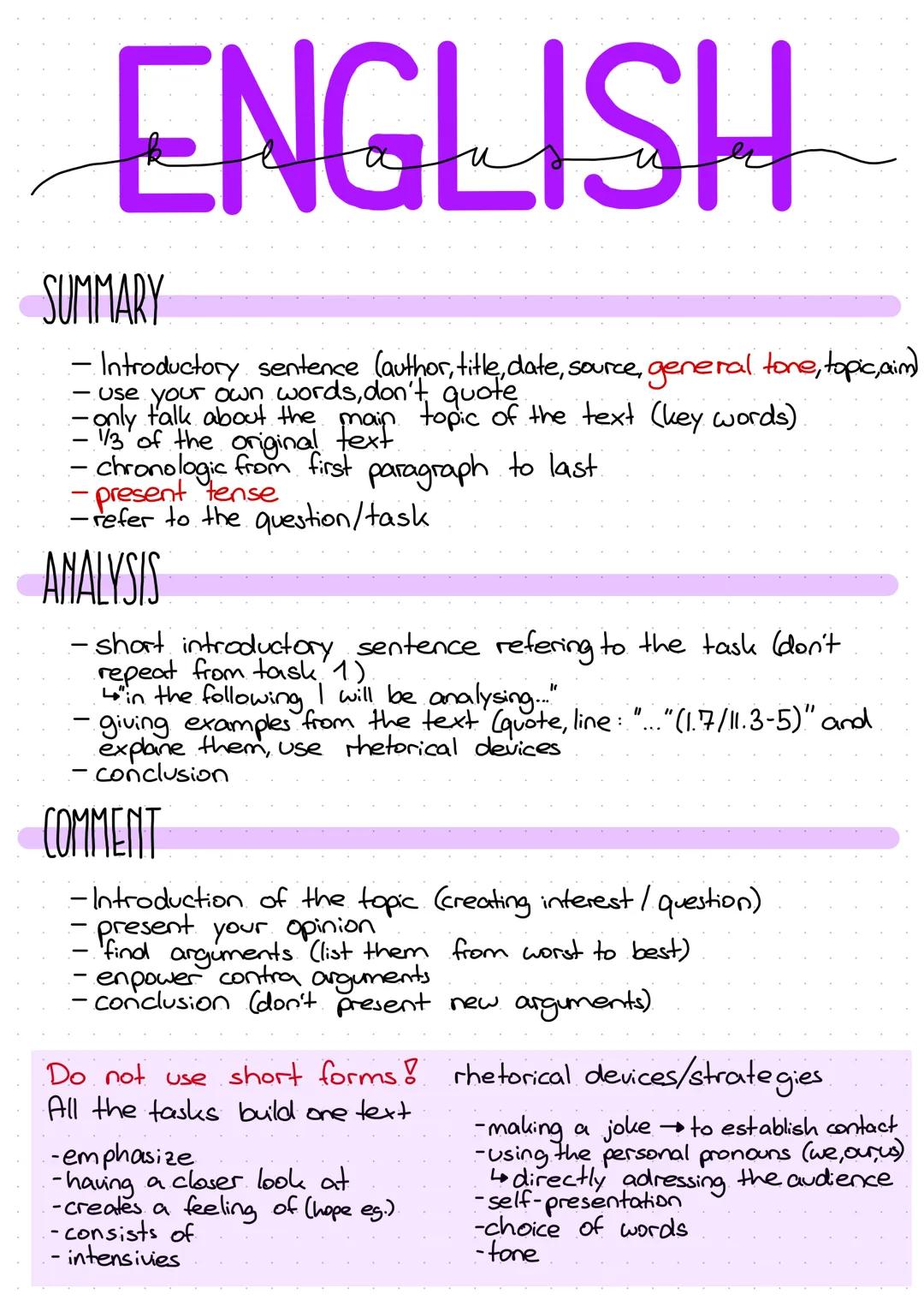 ENGLISH
SUMMARY
- Introductory sentence (author, title, date, source, general tone, topic, aim)
use your own words, don't, quote
-only talk 