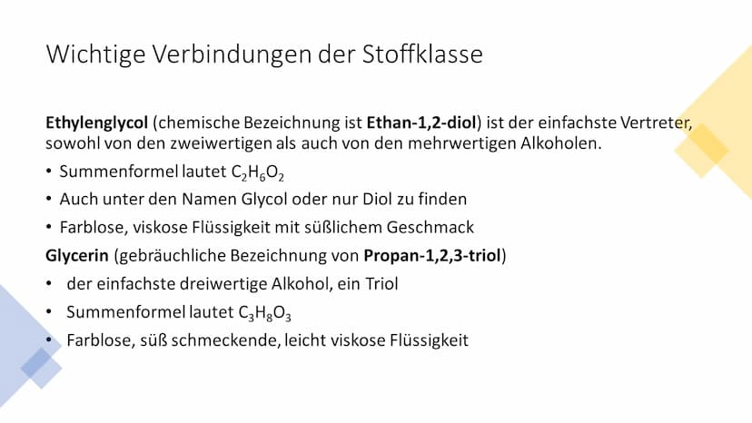 Mehrwertige Alkohole Inhaltsverzeichnis
• Was sind mehrwertige Alkohole?
Wichtige Verbindungen der Stoffklasse
• Weitere Verbindungen der St