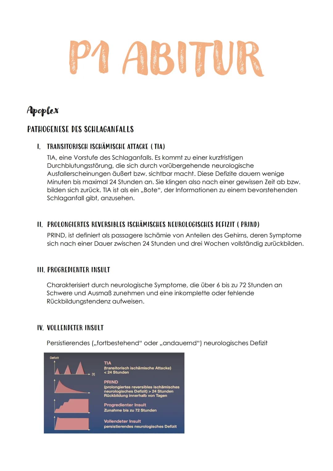 P1 ABITUR
Apoplex
PATHOGENESE DES SCHLAGANFALLS
I. TRANSITORISCH ISCHÄMISCHE ATTACKE (TIA)
TIA, eine Vorstufe des Schlaganfalls. Es kommt zu