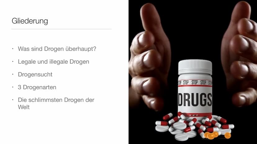 Drogen und ihre Wirkungen Gliederung
●
●
Was sind Drogen überhaupt?
Legale und illegale Drogen
Drogensucht
3 Drogenarten
Die schlimmsten Dro