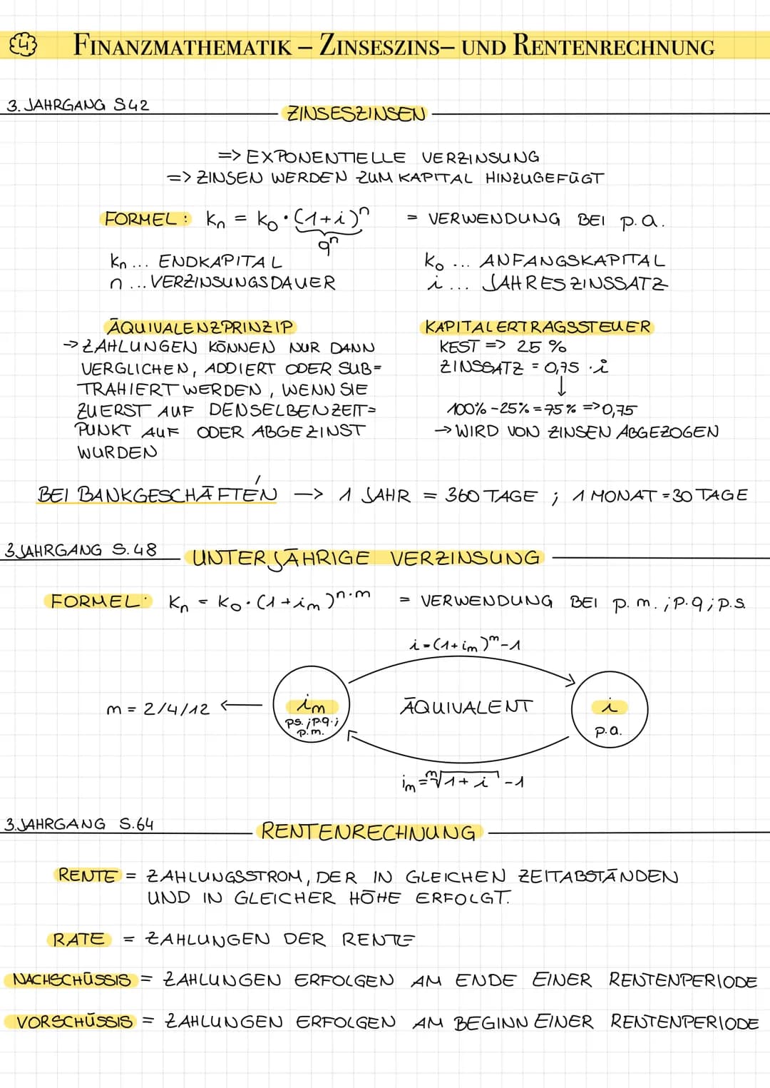 54:
FINANZMATHEMATIK - ZINSESZINS- UND RENTENRECHNUNG
3. JAHRGANG S42
FORMEL: K₂= ko. (1+i)^
qn
ZINSESZINSEN
=> EXPONENTIELLE VERZINSUNG
=> 