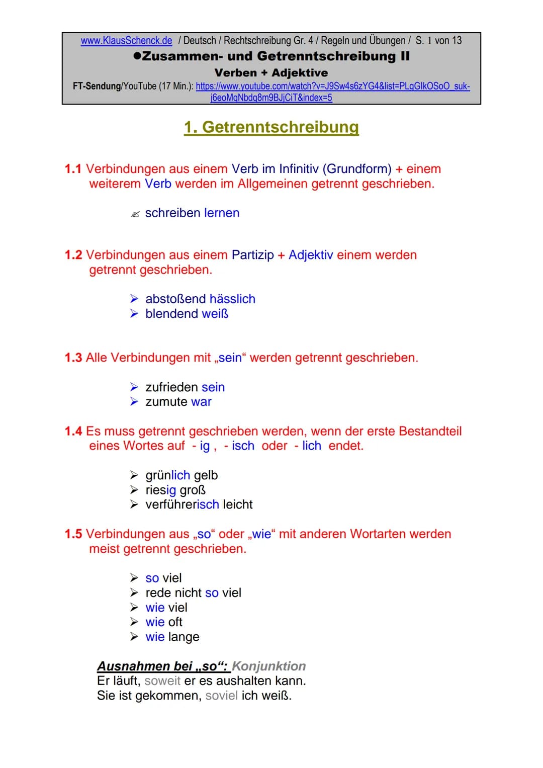 www.KlausSchenck.de / Deutsch (2008/09) / Rechtschreibung Gr. 1 / Regeln und Übungen / S. 1 von 11
s-Laute / Doppelungen / dass/das
FT-Sendu