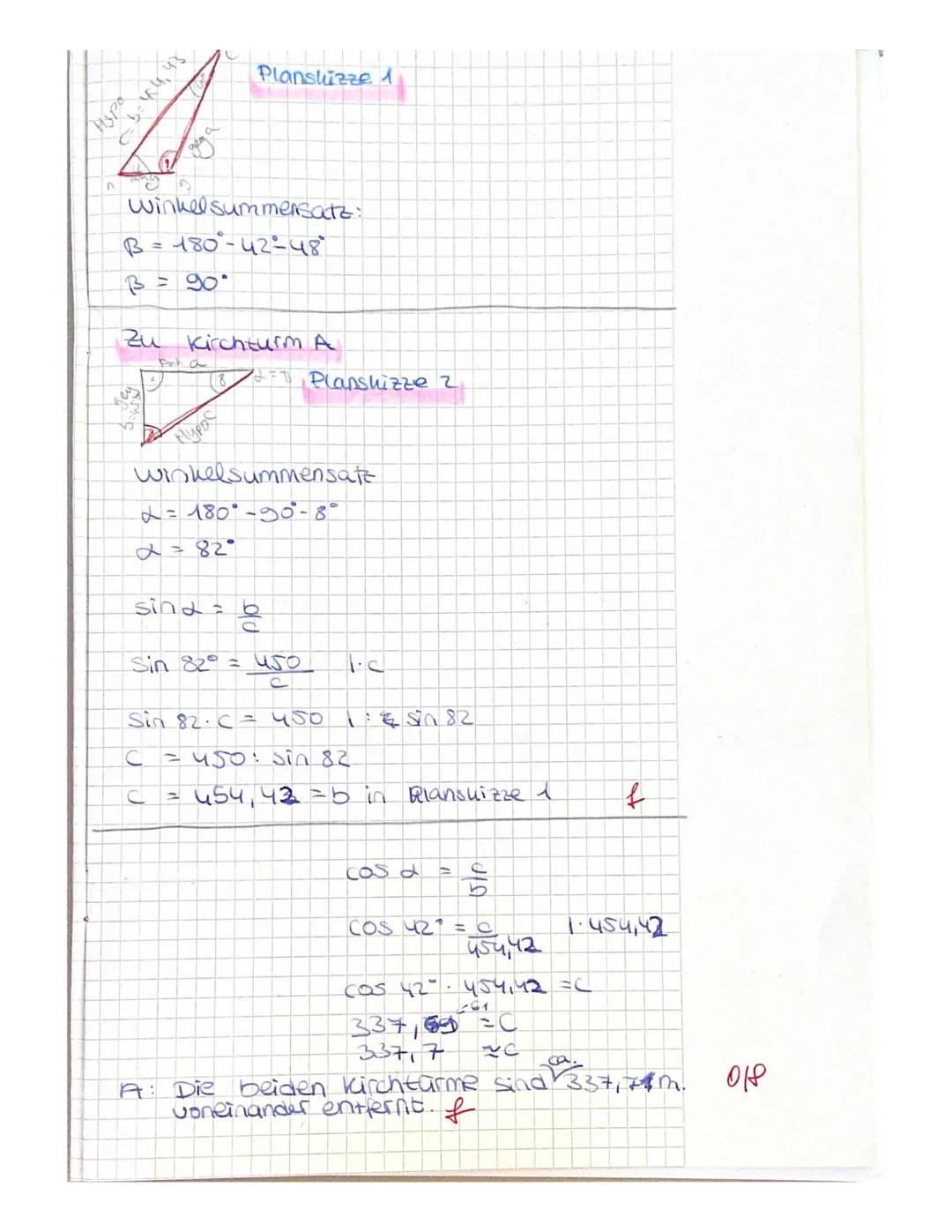 10.Jg. E-Kurs
Mathematikarbeit Nr. 3
Trigonometrie
a) a = 15,5 cm
b) c = 6,2 cm
Aufgabe 1: Bestimme mit Hilfe des Sinus, Kosinus, Tangens od