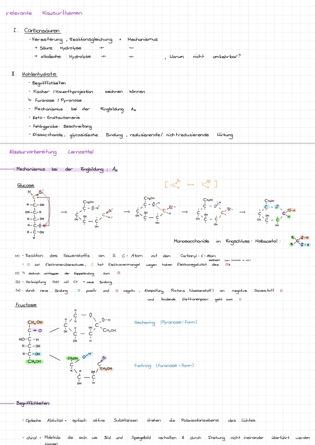 relevante Klausurthemen
I. Carbonsäuren
- Ver esterung, Reaktionsgleichung
→ Säure Hydrolyse
I Kohlenhydrate
- Begrifflichkeiten
- Fischer /