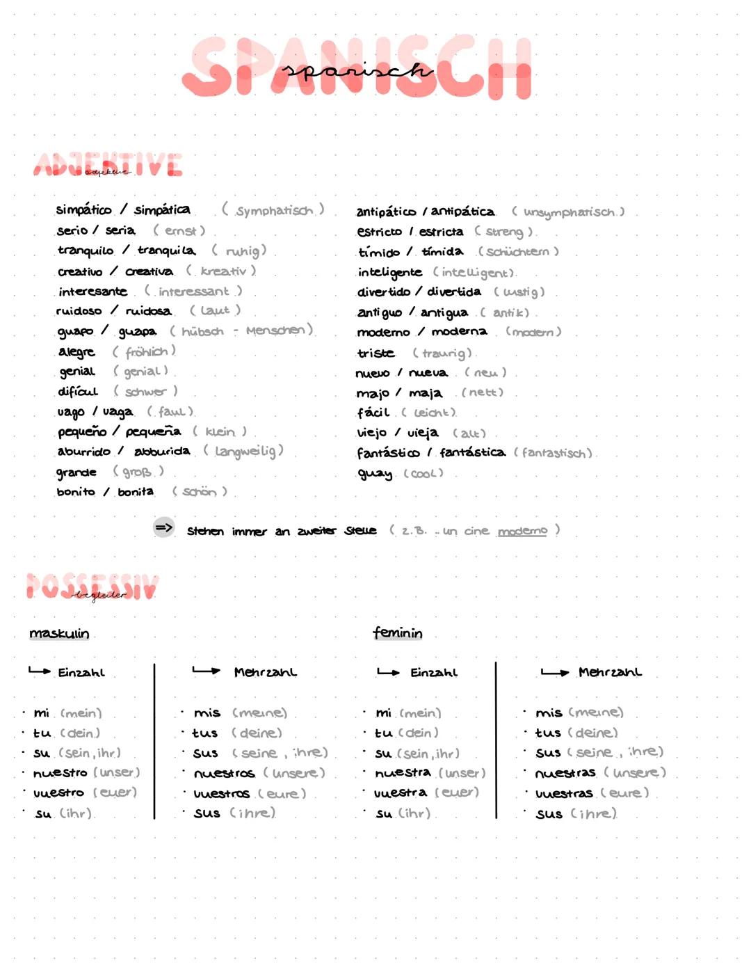 ADJEKTIVE
simpático / simpática (Symphatisch)
serio / seria (ernst)
tranquilo / tranquila ( ruhig).
creativo / creativa (kreativ)
interesant