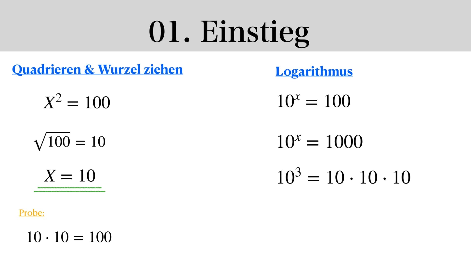 Logarithmus
Dunja & Asrin
Log a b Gliederung
01. Einstieg + Formeln
05. Logarithmus als Funktion
02.
06. Ableiten
03. Beispiel + Aufgaben 07