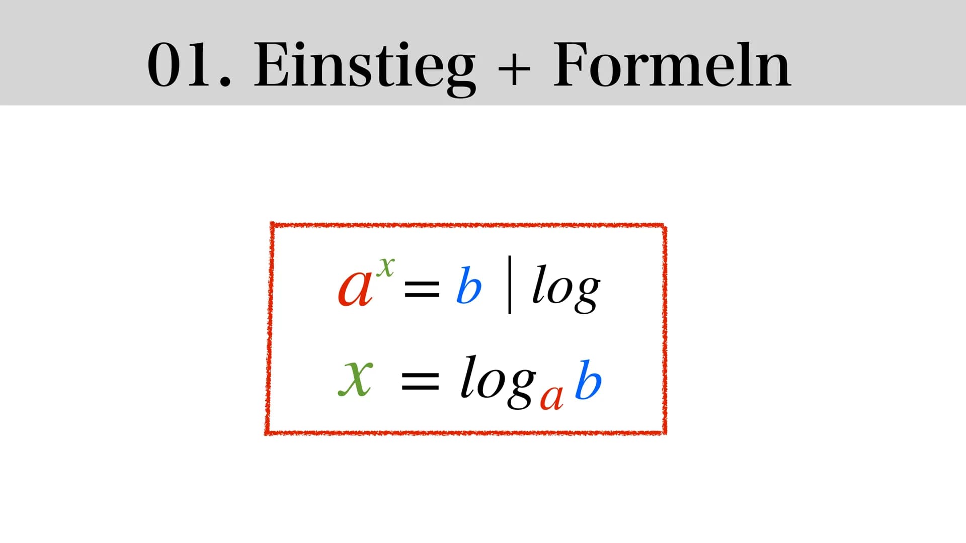 Logarithmus
Dunja & Asrin
Log a b Gliederung
01. Einstieg + Formeln
05. Logarithmus als Funktion
02.
06. Ableiten
03. Beispiel + Aufgaben 07